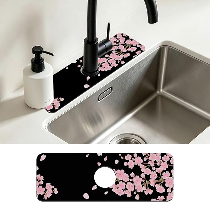 Faucet Mat for Kitchen Sink Romantic Cherry Blossoms Sink Splash Guard Behind Faucet Soft Diatom Mud Material Non-slip Easy to Clean for Bathroom & Kitchen 15"X5.5" by Unknown
