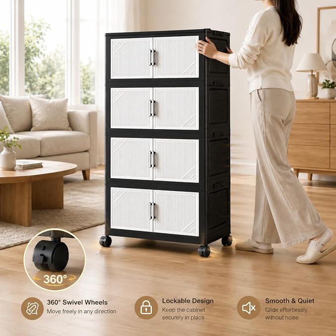 4 Tier Foldable Storage Cabinet with Wheels and Magnetic Doors, Premium PP Material Large Storage Organizer, Space-Saving Utility Storage for Home, Apartments, Dorm, Office, Rv - Image 7