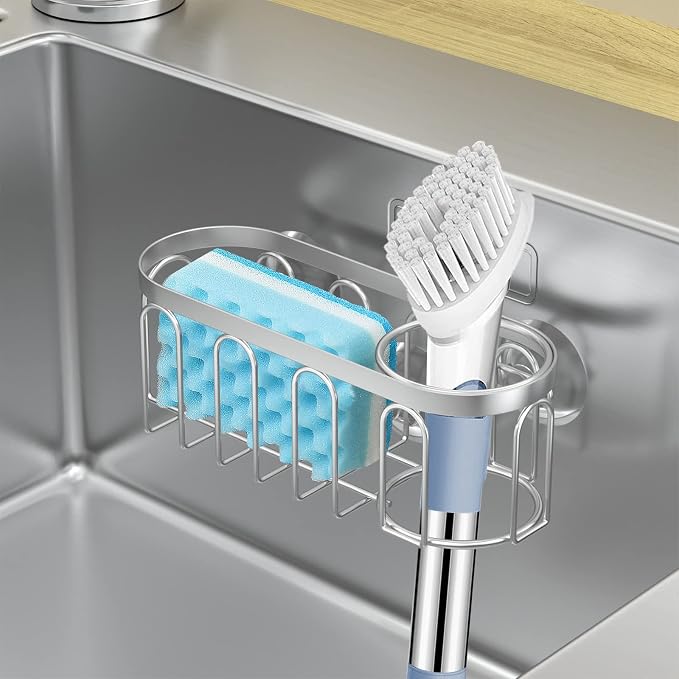 2-in-1 Sponge Holder for Kitchen Sink, Sink Caddy Kitchen Sink Organizer with 3 Suction Cups, No Drill Rustproof Sink Sponge Holder for Dish Brush, Soap & Sponge (Silver) - Image 6