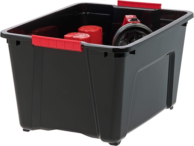 IRIS USA 4-Pack 32 Quart Storage Bins with Lids, Black | Black finish conceals stored items. Great for linens, décor, closet storage, and supplies. Nestable design saves space - Image 5