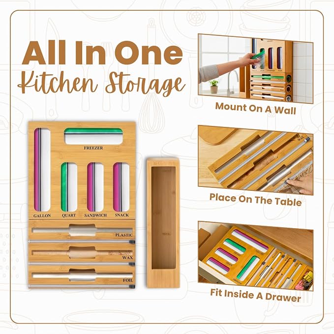 9 in 1 Storage Bag Organizer for Kitchen Drawer, Bamboo Foil and Plastic Wrap Dispenser with Cutter, Food Storage Bag Organizer for Quart, Gallon, Sandwich & Snack Bags, Aluminum Foil Organizer - Image 4