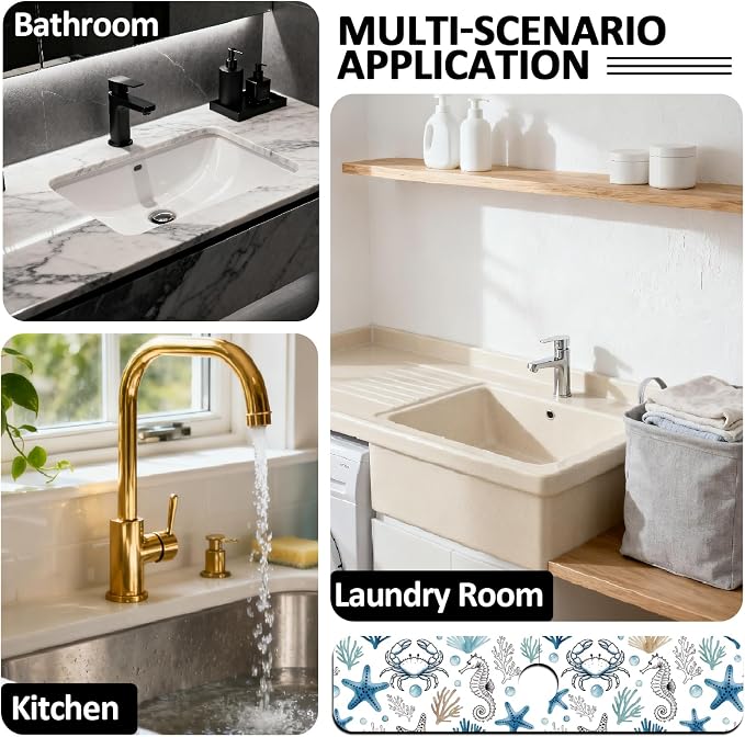 2 Pcs Marine Animals Kitchen Sink Splash Guard Faucet Mat | Faucet Mat for Sinks Absorbing Drying Mat for Kitchen Bathroom, 23.6x5.5inch - Image 7