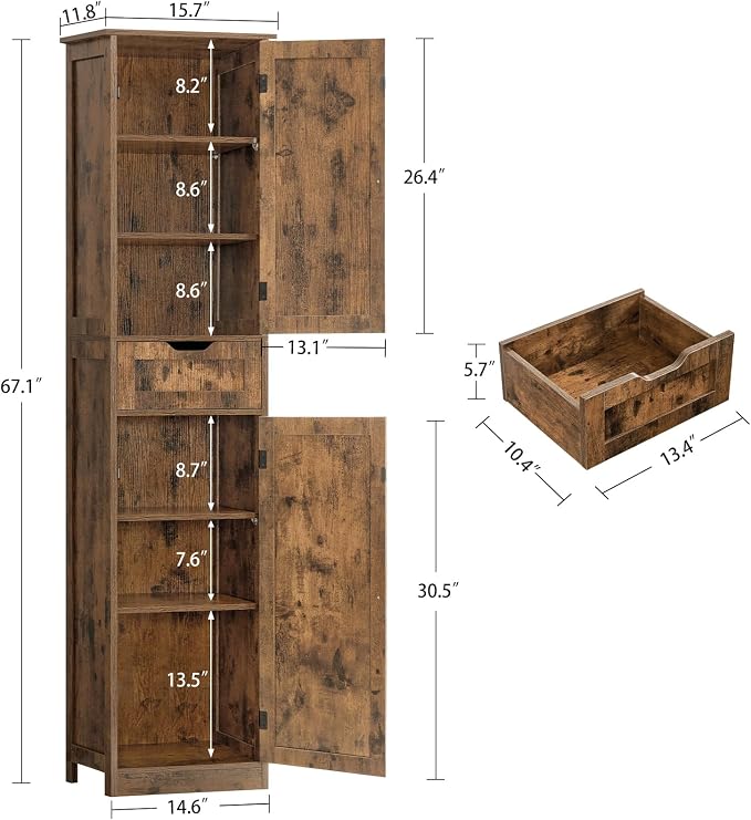Iwell 67" Tall Storage Cabinet, Bathroom Cabinet with Drawer & Adjustable Shelves, Narrow Storage Cabinet, Floor Cabinet for Living Room, Home Office, Rustic Brown - Image 3