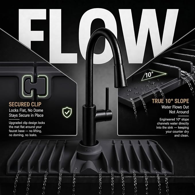 Premium Kitchen Sink Splash Guard – 16" x 5.7" Silicone Faucet Mat with Secure Pressure Clip, True 10° 3D Drainage(No Pooling), Anti-Lift Design, Flexible Leak-Sealing Ring, Non-Slip Fit Behind Faucet - Image 3