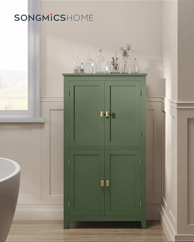 SONGMICS HOME Freestanding Storage Cabinet, Floor Cabinet with Elevated Legs, Metal Handles, for Living Room, Kitchen, Bathroom, Green - Image 2