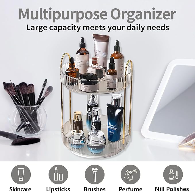 Asayuee 360 Rotating Makeup Organizer,2 Tier Large Capacity Make Up Organizers and Storage,Skincare Perfume Vanity Organizers,Bathroom Cosmetics Storage Organizer Countertop(Clear-2 Tier) - Image 7