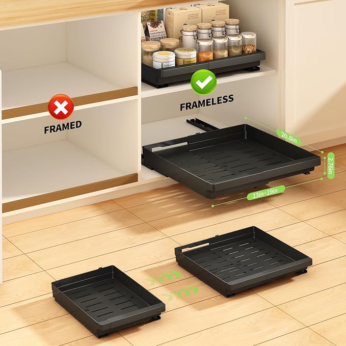 DOMNIU Pull Out Cabinet Organizers Expandable,Black,20.8"Depth,2 Pack | Slide Out Drawers for Kitchen, Bathroom, Pantry, Under Sink Storage, Fixed with Adhesive Nano Film (13''-19'') - Image 3