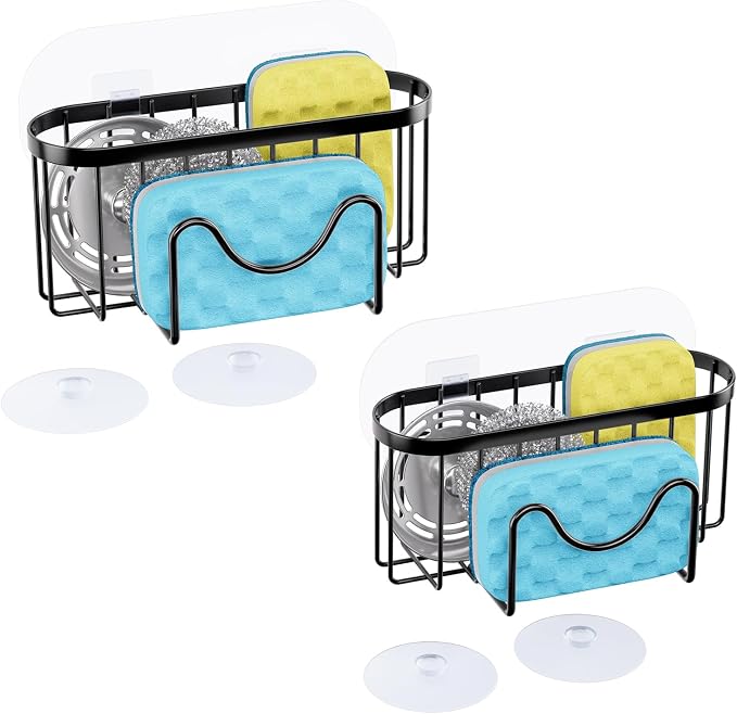 HapiRm Multifunctional Sponge Holder with Unique M-shaped, Two Installation Methods Kitchen Sink Organizer, Rustproof Stainless Steel Sink Caddy -Black（2-pack） by HapiRm