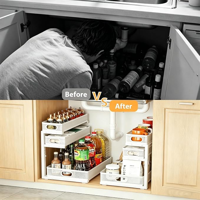 2 Pack Under Sink Organizer, 3-Tier Pull Out Kitchen Cabinet Organizer | 5 Adjustable Heights, Metal Slide Out Bathroom Storage, Makeup Drawer Rack for Bedroom Office Pantry Home Organization, White - Image 5