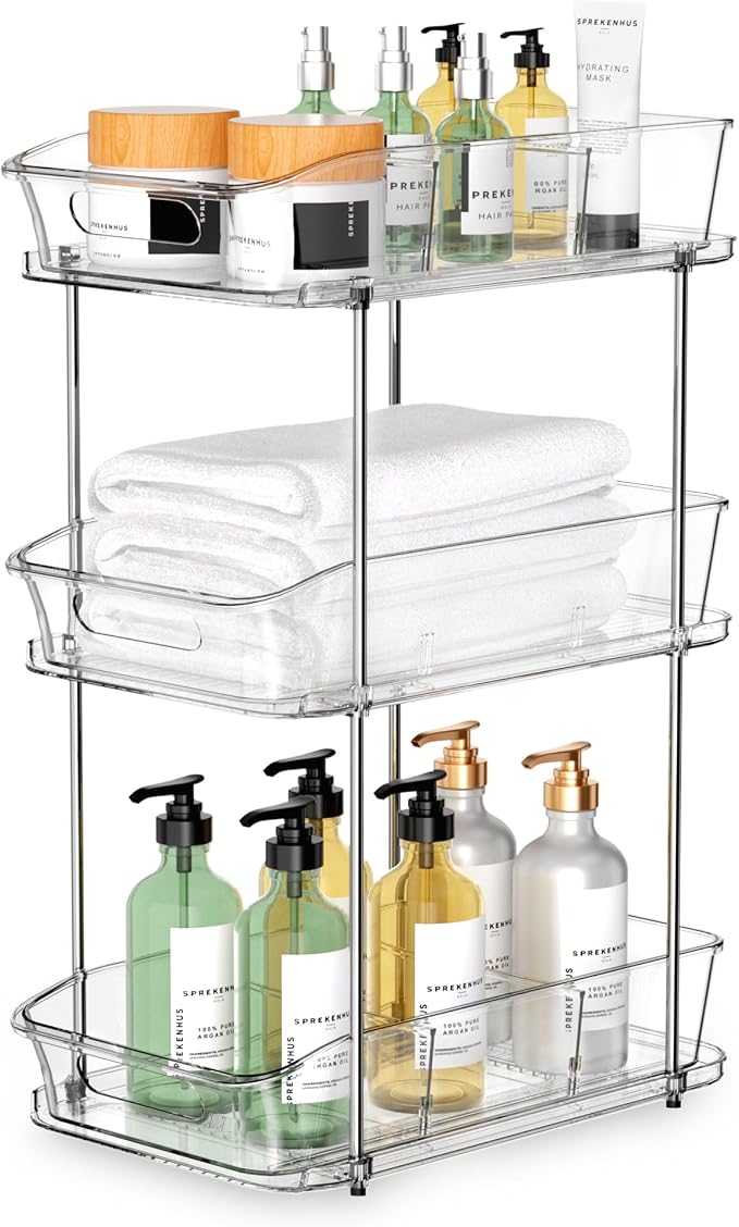incostar 3 Tier Under Sink Organizer and Storage - Multi-Purpose Stackable Pantry Organizer with Pull-Out Clear Bins and Movable Dividers for Kitchen and Bathroom Cabinet by INCOSTAR