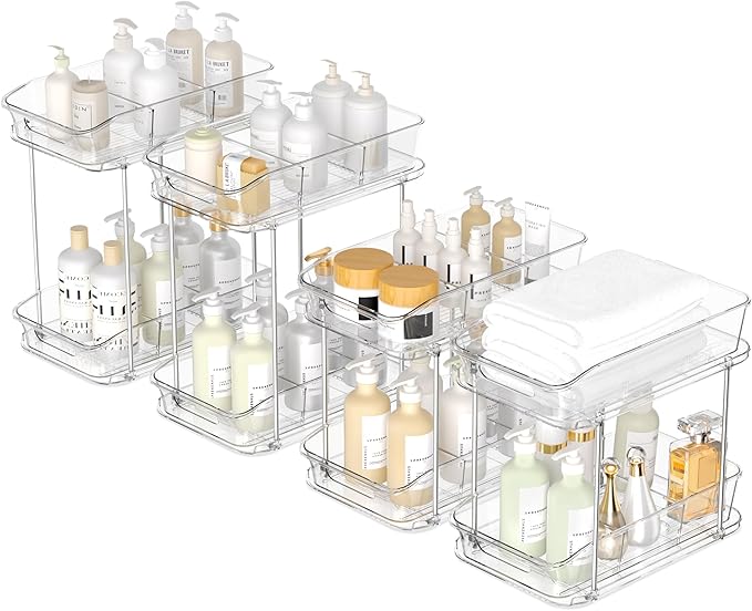 incostar 2 Tier Pull-Out Storage Organizer for Bathroom and Kitchen, Under Sink Organizer with Dividers, Ideal for Organizing Cupboard,Bathroom Vanities,Cabinet, Slide-Out Clear Storage, 4 Pack by INCOSTAR
