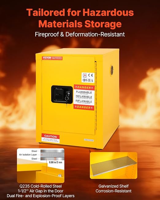 VEVOR Flammable Cabinet 17" x 17" x 22", 12 GalCold-Rolled Steel Flammable Liquid Storage Cabinet, Explosion Proof with 1 Adjustable Shelf 1 Door for Commercial Industrial Use, Yellow - Image 4