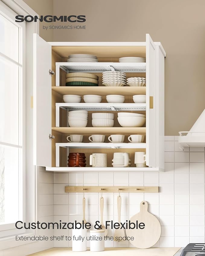 SONGMICS Spice Rack, Expandable Kitchen Countertop Shelf, Steel | Set of 3 small cupboard organizers, space-saving tabletop shelves, Matte White, UKCS403WC01 - Image 2