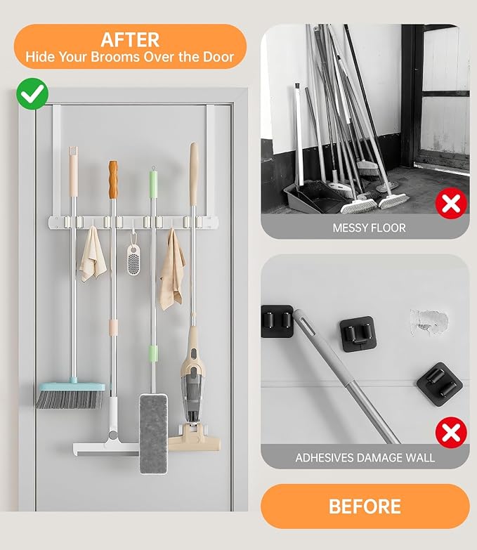 Broom Holder Over The Door with Hooks -304 Stainless Steel (White) | Save Space, Anti-Rust & Sturdy, Mop and Broom Holder Wall Mounted or Hanging Over The Door, for Garage Laundry Kitchen - Image 2