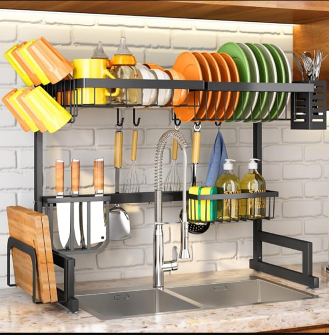 Over The Sink Dish Drainer Drying Rack,Stainless Steel Dish Dyring Rack Above Sink with Adjustable Height 25.6" to 33.5" W,Kitchen Counter Storage Shelf for Organizer Cookware,Cups,Cutting Board by Unknown