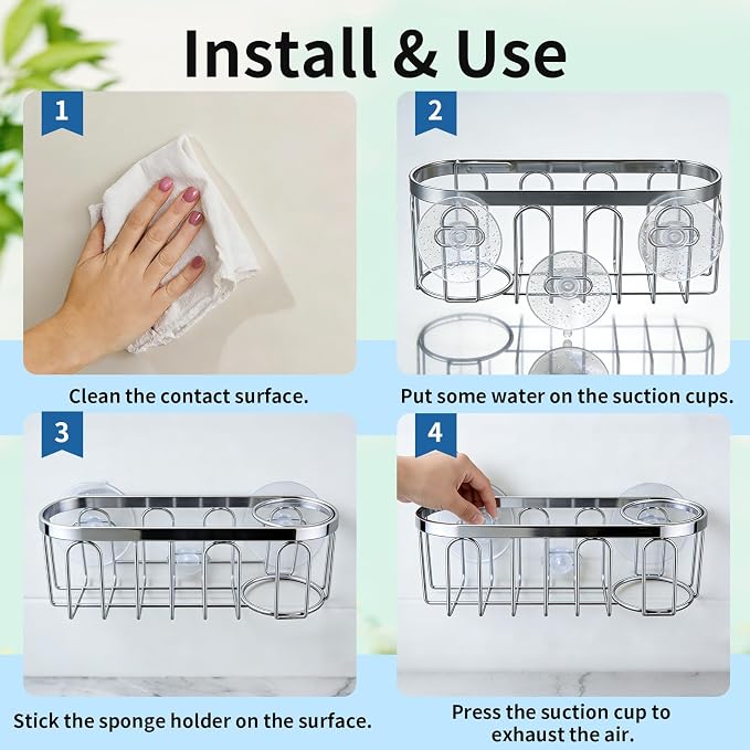 2-in-1 Sponge Holder for Kitchen Sink, Sink Caddy Kitchen Sink Organizer with 3 Suction Cups, No Drill Rustproof Sink Sponge Holder for Dish Brush, Soap & Sponge (Gold) - Image 4