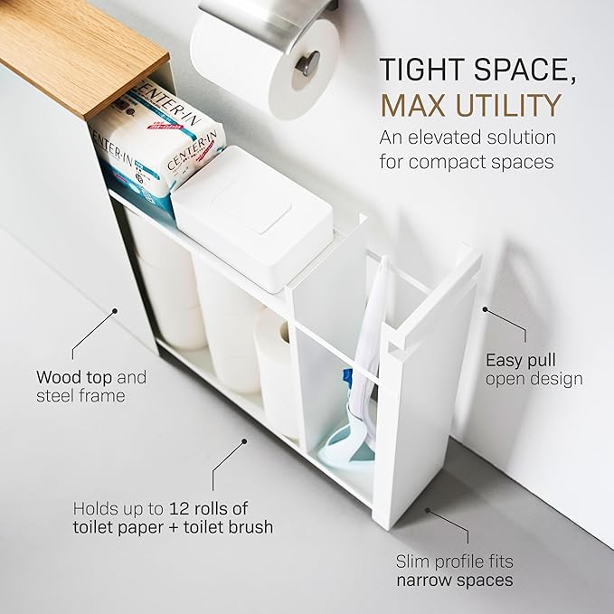 Yamazaki Home Pull-Out Bathroom Storage Cabinet with Wood Top, White | Slim space-saving bathroom storage cabinet with a natural wood top. Clever pull-out design. Holds 12 rolls of toilet paper. - Image 5