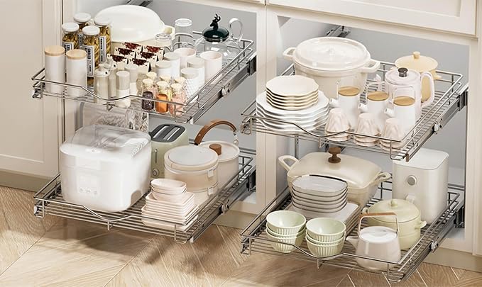 DINDON 2 Tier Pull Out Cabinet Organizer (17" W x 18" D) Heavy-Duty Metal Sliding Drawer Shelf, Two Tier Pull Out Shelves for Kitchen Cabinets, Pantry, Bathroom, Chrome Finish - Image 5