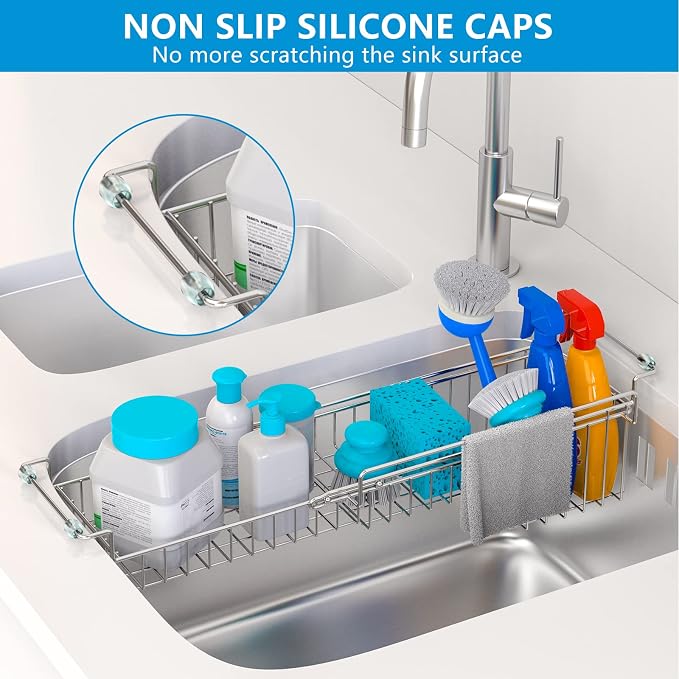 Over The Kitchen Sink Caddy Sponge Holder Organizer Drying Rack Expandable for Sponge Brush Soap Dish Cloth Rag Smaller 14.5" to 22", Stainless Steel - Image 3