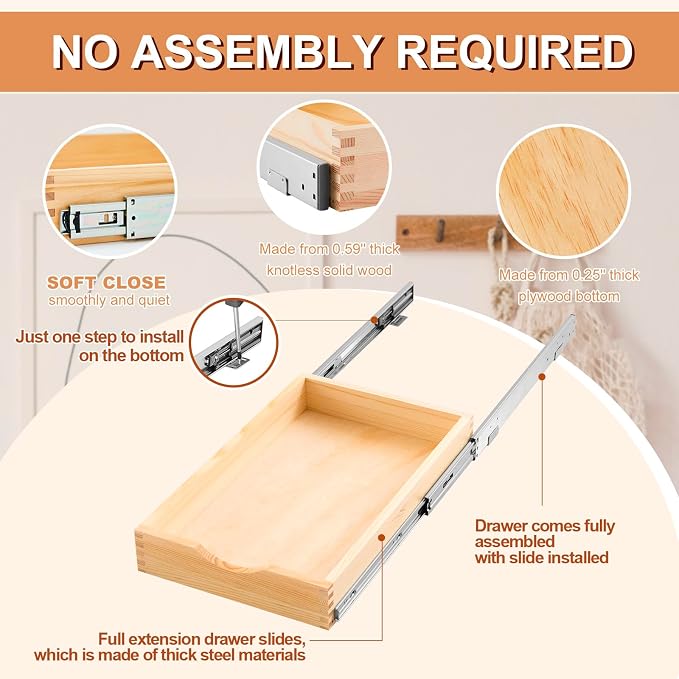 2 Set Wooden Pull out Cabinet Organizer Fully Assembled Slide out Pantry Drawer with Gentle Close Storage Shelf Tray for Base Kitchen Under Sink Bathroom (Wood Color,14'' X 21'' X 3'') - Image 3