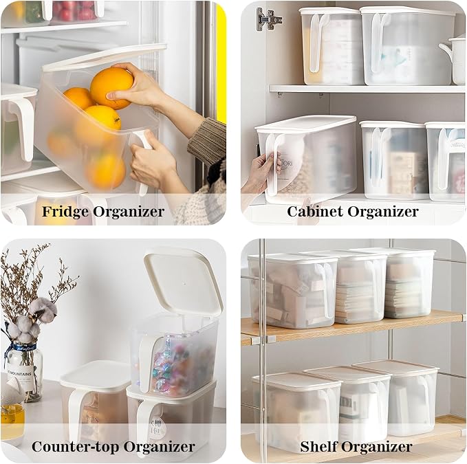 MineDecor 4 Pack 4.5L Plastic Storage Containers Square Food Storage Organizer Stackable Refrigerator Organizer Handle Kitchen Containers with Lids for Fruits Vegetables Meat Egg - Image 7