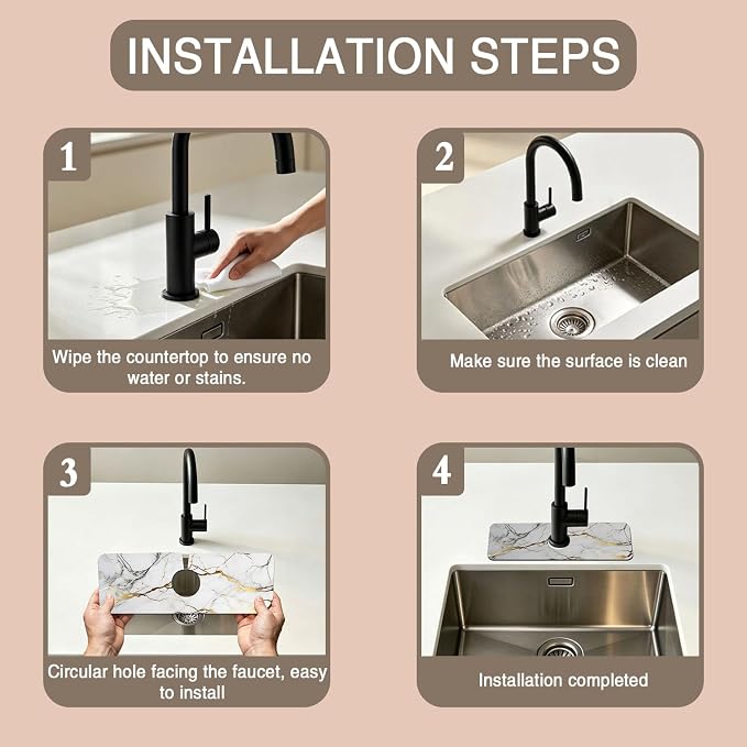 Faucet Mat for Kitchen Sink White Gold Marble Texture Sink Splash Guard Behind Faucet Soft Diatom Mud Material Non-slip Easy to Clean for Bathroom & Kitchen 15"X5.5" - Image 4