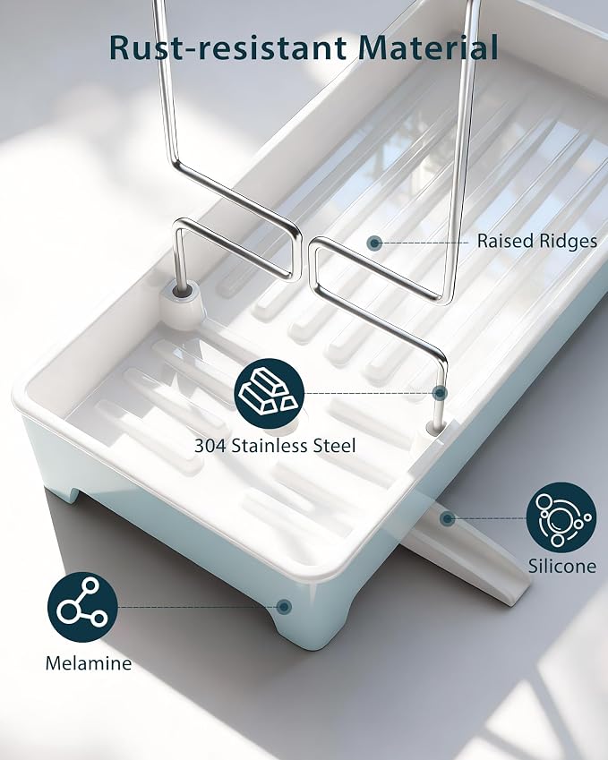 Minimalist Sink Caddy, Rustproof Sponge Holder for Kitchen Sink Blue | Large Rustproof countertop organizer with 304 stainless steel brush holder, raised ridges and silicone drain tube - Image 7