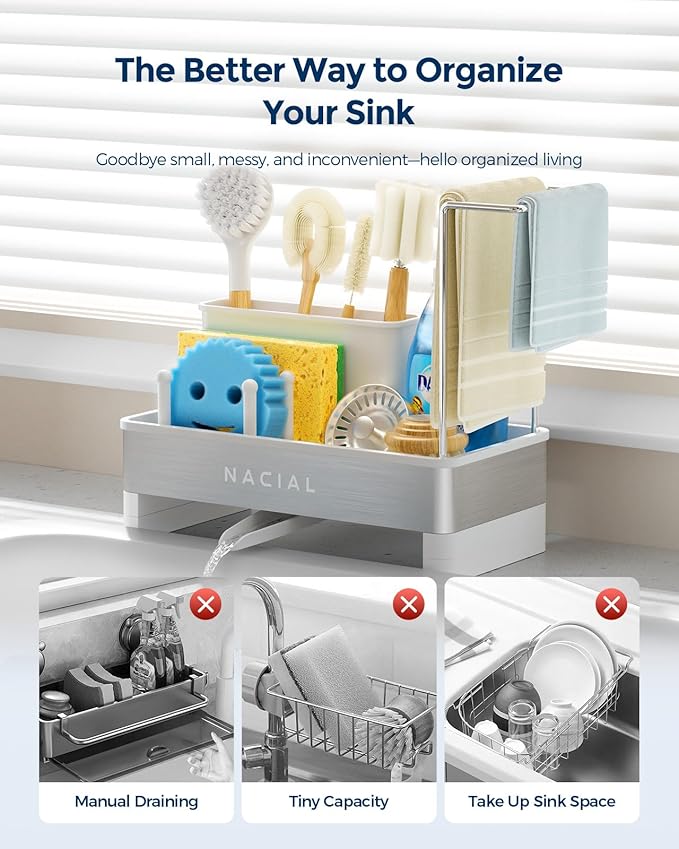Nacial Kitchen Sink Organizer, Sink Caddy with Sponge & Tall Brush Holder | 304 Stainless Steel Kitchen Countertop Organizer with Double-Bar Towel Holder, Stores Sponge, Brush, Towel & Sink Essentials - Image 6
