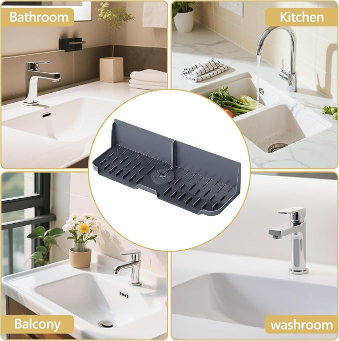 Sink Splash Guard Behind Faucet, Silicone Sink Faucet Drying Mat & Dish Soap Sponge Holder, 17" x 5.5" Silicone Kitchen Sink Auto Drain Organizer (Grey) - Image 6