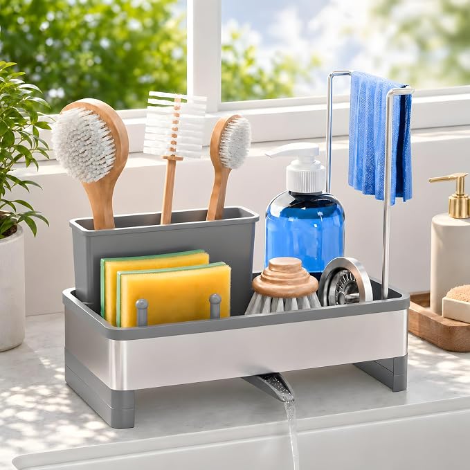 Laveshop Sponge Holder for Kitchen Sink, Rustproof Stainless Steel Sink Caddy with Auto-Drain, Removable Brush Holders, Soap and Dishcloth Organizer, Gray by Unknown