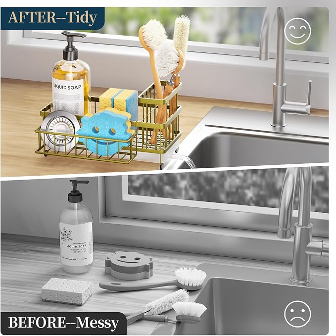 Consumest Sponge Holder for Kitchen Sink - Auto Draining Sink Caddy Organizer with Detachable Rack, High Brush Holder, Kitchen Countertop Storage Accessories, Light Gold - Image 7