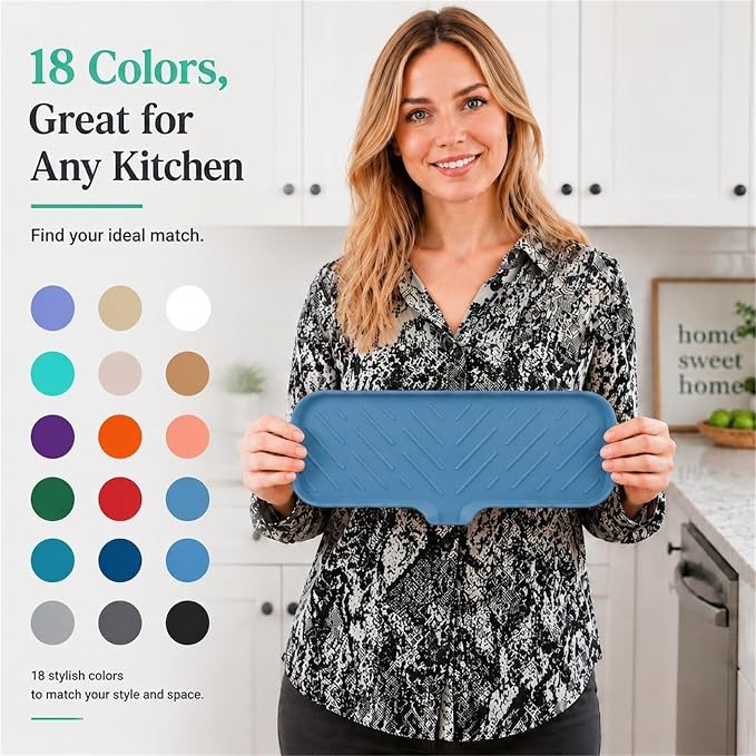MicoYang Silicone Soap Dish with Drain Spout — Self-Draining Double Sink Organizer Tray for Kitchen & Bath, Dispensers, Sponges & Soap Holder, Non-Slip & Dishwasher Safe, Lichen Blue (Large, 12"×4") - Image 9