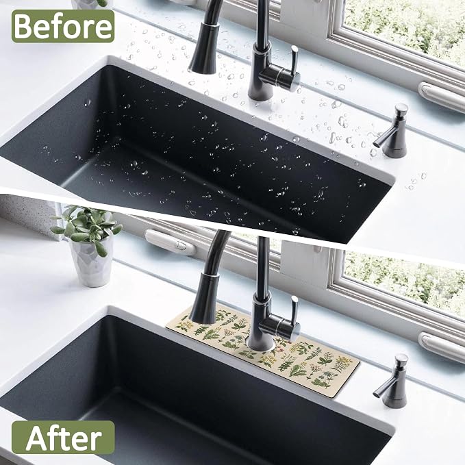 2 Pack Kitchen Sink Splash Guard Faucet Mat 15" X 5.5" Floral Absorbent Fast Drying Mat Faucet Draining Mat Sink Splash Guard Behind Faucet Drip Catcher for Kitchen Bathroom - Image 2