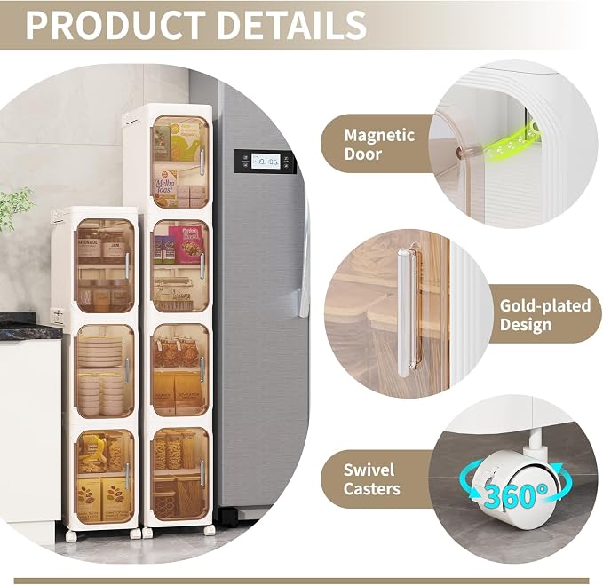 5 Tier Slim Bathroom Storage Cabinet, Foldable and Movable, Beige | Tools Free, ABS and PET, Magnetic Clear Door, Adjustable Shelves, Lockable Wheels, Water Resistant, For Narrow Space - Image 4