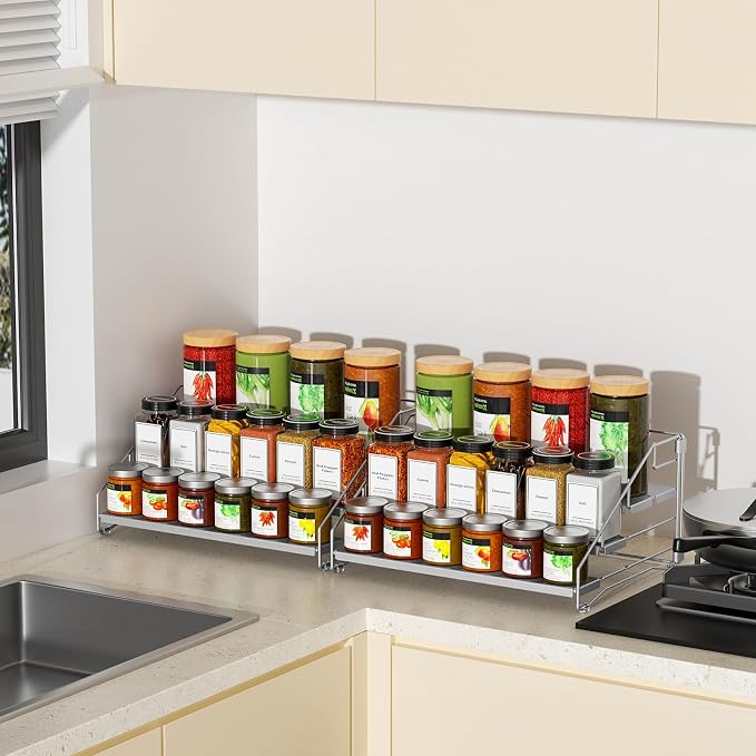 BOIVSHI 4 Tier Spice Rack for Cabinet, Depth Adjustable Spicy Shelf,Gray | Metal Seasoning Organizer, Kitchen Spicy Shelf for Countertop, Screwless Assembly Pantry Storage for for Spices, Jar, Bottle - Image 9