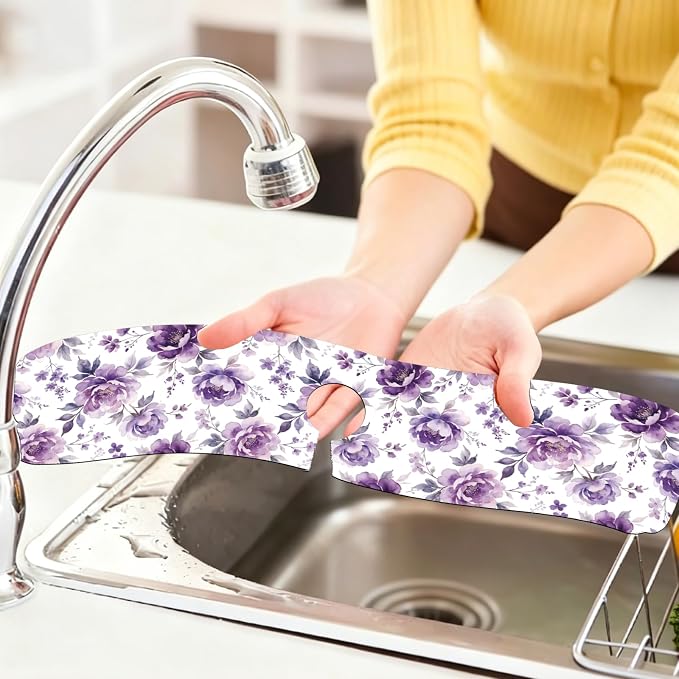 2 Pcs Kitchen Sink Splash Guard Faucet Mat Purple Flowers Faucet Mat for Sinks Dreamlike Blooms Absorbing Drying Mats for Kitchen Bathroom, 23.6x5.5inch - Image 6