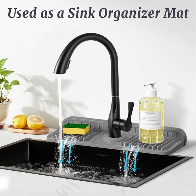 PoYang 14.6 Inch Faucet Mat for Kitchen Sink Splash Guard, Silicone, Grey | Sink Protectors with 7° Slope for Smooth Drainage, Snap Button Holds It in Place, 90° Foldable & Cuttable Hole Fit Most Sinks - Image 6