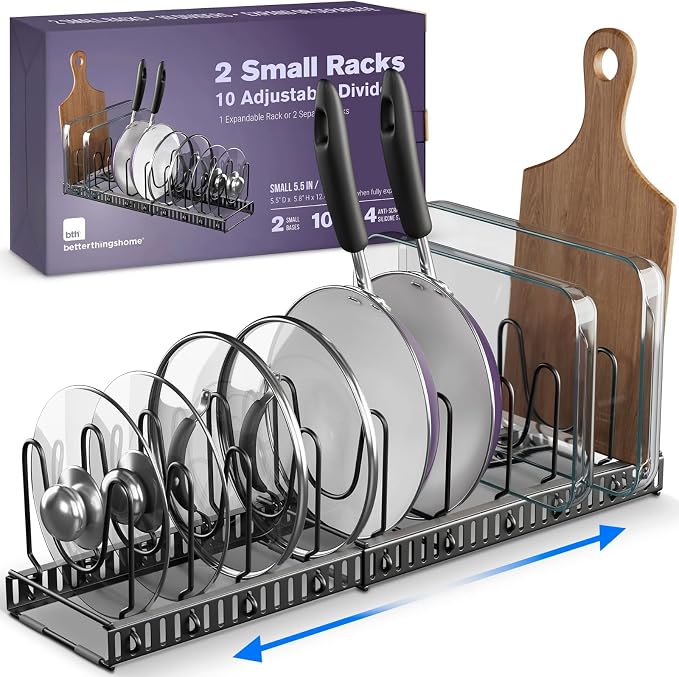 5.5” Wide 12-Slot Adjustable Pot Lid Organizer with Scratch-Free Pads, Expandable Pot Lid Holder Rack for Cabinet, Small to Medium Pots and Pans Organizer Inside Cabinet by BetterThingsHome