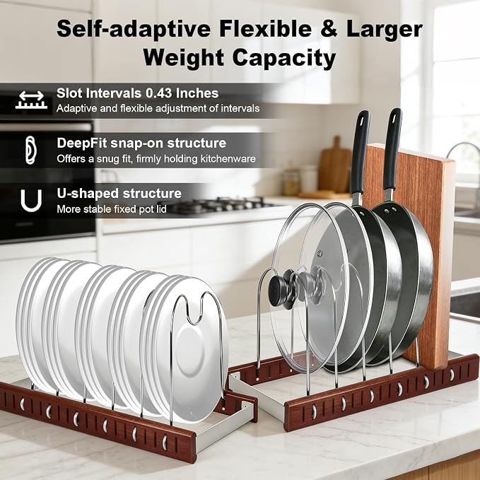Pot Lid & Pan Organizer, Space-Saving Kitchen Cabinet Organizer W Oak Base & Self-Adaptive Flexible Design for Tray, Baking Sheet, Cutting Board, Cookware, Skillets - Cutting Board Holder Storage - Image 4