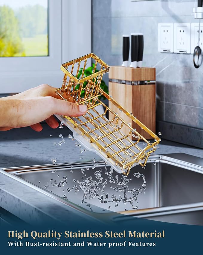 Consumest Sink Caddy, Kitchen Sponge Holder with Dish Brush Holder, Kitchen Sink Organizer with Drip Tray for Countertop, Stainless Steel Rustproof - Gold - Image 5