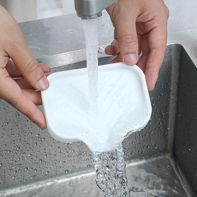 MicoYang Silicone Soap Dish with Drain Spout, Self-Draining Sink Organizer Tray for Bathroom and Kitchen, Sponges, Dispensers and Soap Holder, Non-Slip and Dishwasher Safe, White (Compact, 4.9"×3.2") - Image 7