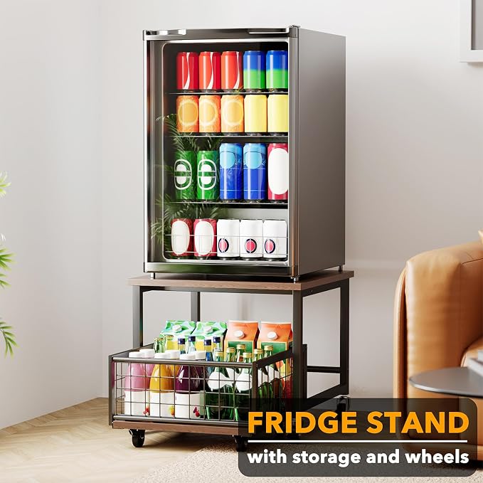 SpaceAid Mini Fridge Stand with Storage, 19.7" W x 19.7" D Heavy Duty Mobile Refrigerator Shelf Stand Table with Wheels, Fridge Cart Organizer with Drawer Basket for Home Dorm Office (Brown Wood) - Image 2
