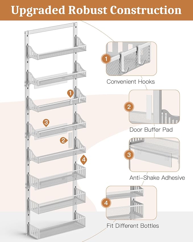 POKIPO Over the Door Pantry Organizer 8-Tier, Large Metal Door Spice Rack with Adjustable Basket, 2 in 1 Wall Mount or Hanging Heavy-Duty Pantry Door Storage Shelf for Kitchen and Bathroom, White - Image 8