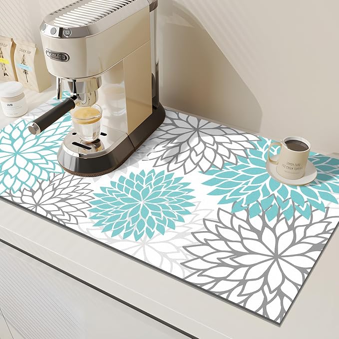 Findosom 2PCS 17" x 32" Dish Drying Mat & 24" x 5.5" Sink Splash Guard, Super Absorbent & Cuttable Dish Mat Drying Kitchen Mat with Teal Floral, Hide Stain Drying Mat for Kitchen Counter - Image 7