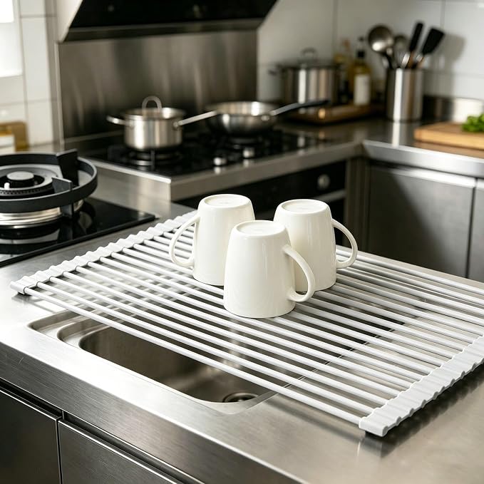 Ahyuan Large Roll up Dish Drying Rack Silicone Foldable Rack Over Sink Dishes Drainer Roll-up Sink Drying Racks Full Silicone Coated Stainless Still Dish Drying Rack (Warm Grey, 17.7''X13.13'') by Ahyuan