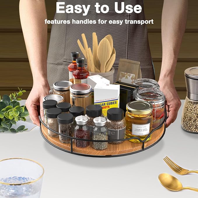 Lazy Susan Turntable Organizer for Cabinet Pantry Kitchen Countertop Refrigerator Cupboard, Pine Wood (Carbonized Black, 14“) - Image 8