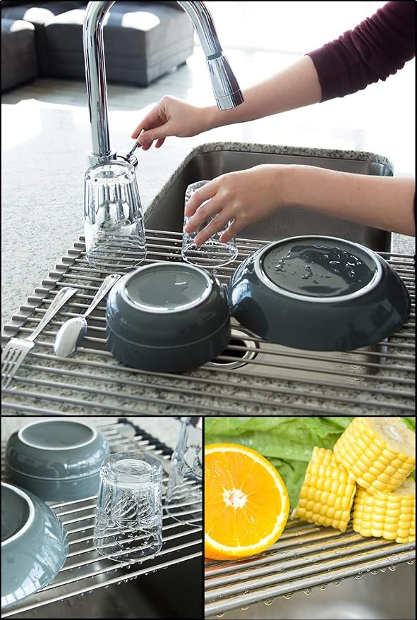 Tomorotec 17.7" x 15.5" Roll Up Dish Drying Rack Over Sink Drying Rack Sink Cover Kitchen Sink Accessories Gadget Multipurpose Organizer Foldable Stainless Steel Drainer (Grey) (Pack of 2) - Image 3