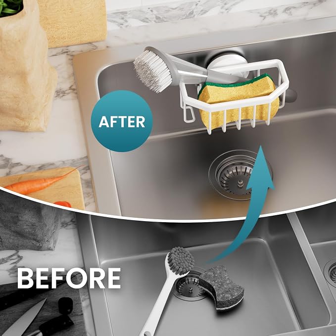 TAILI Sponge Holder for Kitchen Sink with Suction Cup-White, Aluminum | Rustproof Aluminum Sink Caddy for Sponges,Brushes,Stoppers & Scrapers,Removable Ventilated Quick-dry Design, holds Up 11lbs - Image 6