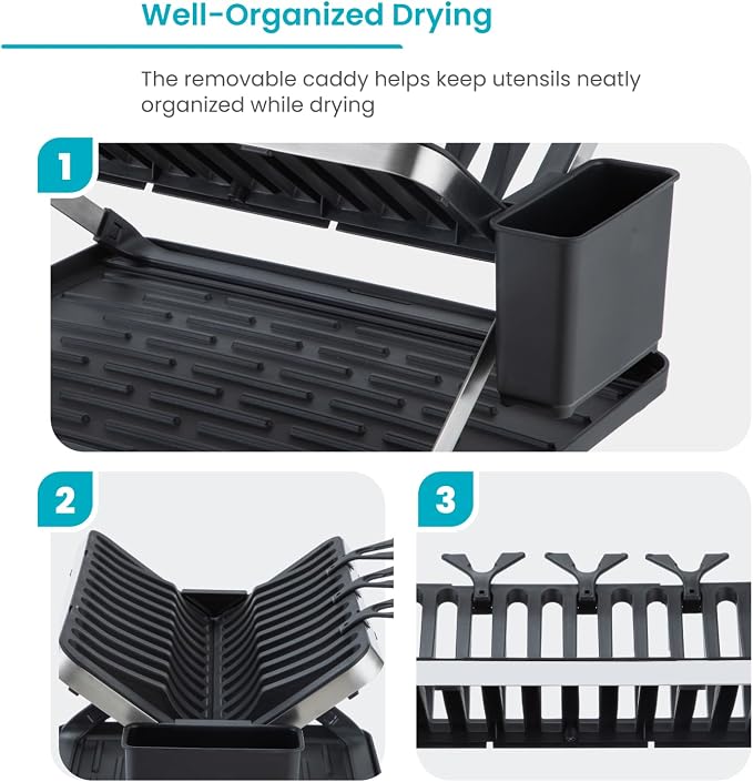 Home Zone Living Dish Drying Rack for Kitchen Counter | X-Shape Foldable Design with Drip Tray and Holder for Utensils and Wine Glasses - Image 4