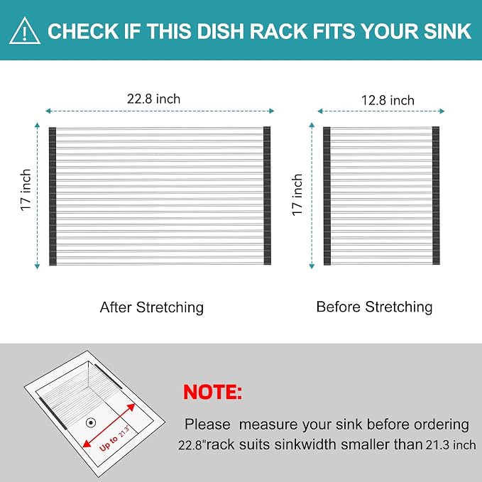 BBXTYLY Extra Large Expandable Roll Up Dish Drying Rack,Over The Sink Drying Rack Sink Cover Kitchen Sink Accessories Kitchen Rolling up Stainless Steel Drainer, Foldable,Rollable（Black，22.8''-17.3''） - Image 2